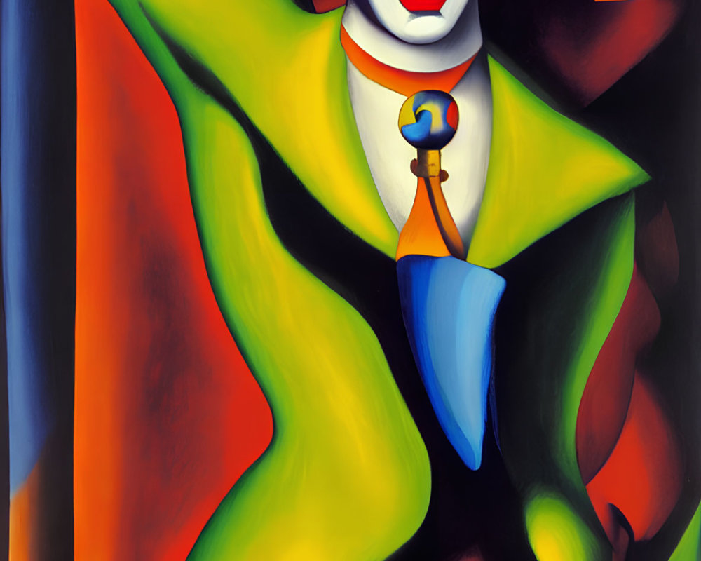 Vibrant abstract painting of a clown figure in colorful attire on blue and orange backdrop