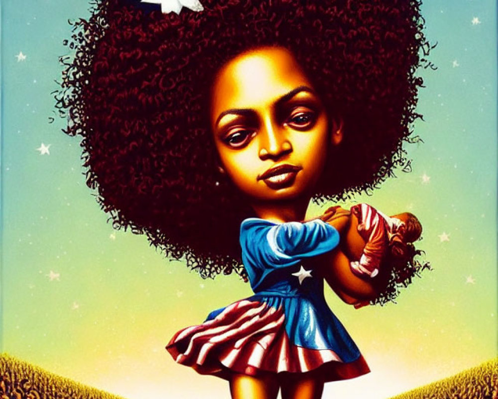 Illustration of girl with starry afro holding doll in American flag dress