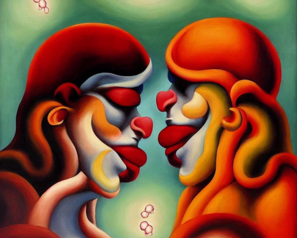 Vibrant abstract painting: two faces in profile, red and orange tones, surreal lines on green