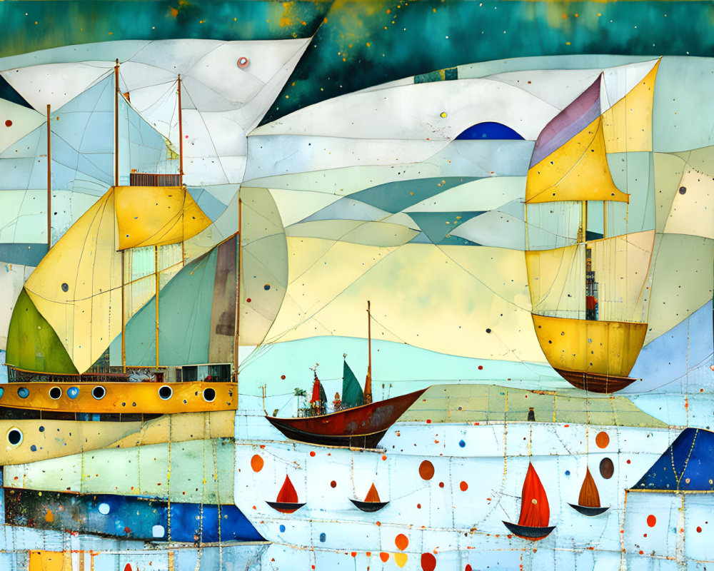 Colorful painting of sailing ships on sea with abstract patterns & celestial elements