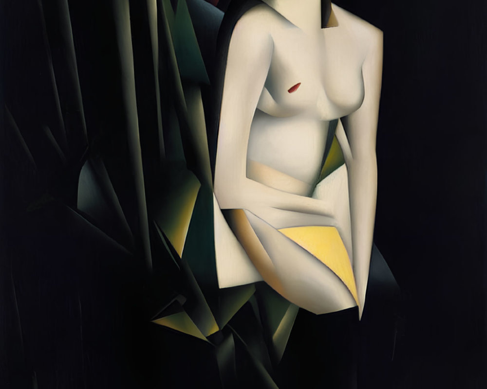 Abstract painting of female figure with exaggerated features and geometric shapes