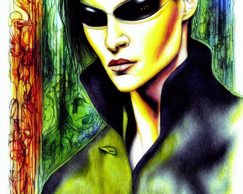 Vibrant woman illustration in sunglasses and black coat