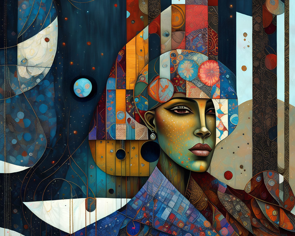 Colorful digital artwork featuring stylized woman's face with intricate patterns and cosmic elements.