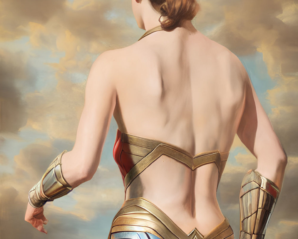 Woman in Wonder Woman costume displays muscular physique against cloudy sky.