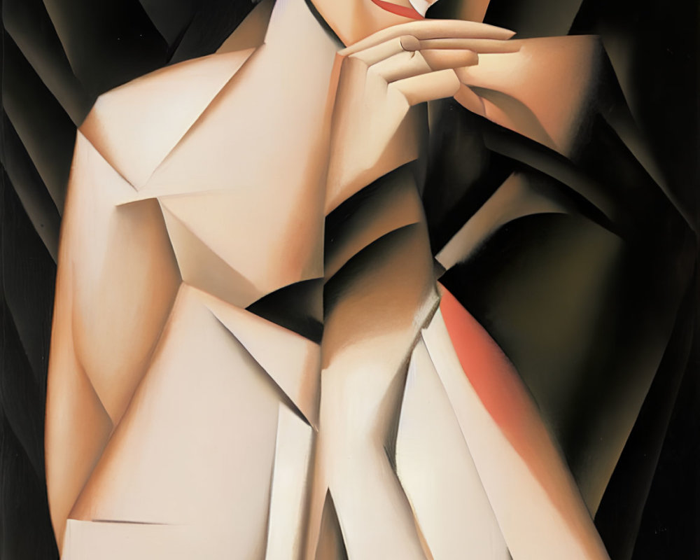 Cubist-style Figure Painting in Cream and Brown Tones