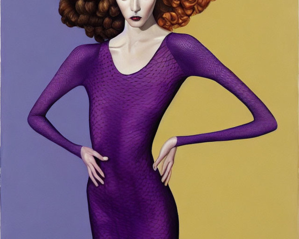 Curly-Haired Woman in Purple Bodysuit on Yellow Background