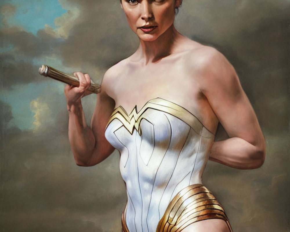 Wonder Woman painting: Confident stance with Lasso of Truth, iconic costume, battle backdrop