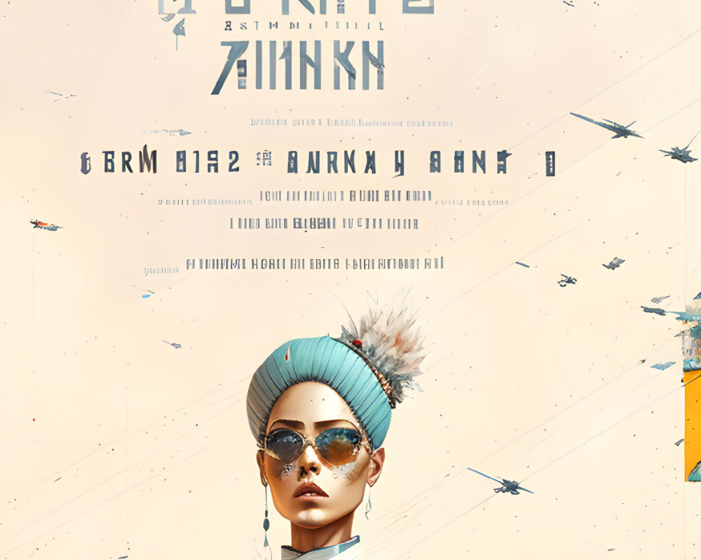 Stylized poster with central figure in elaborate headwear and geometric patterns