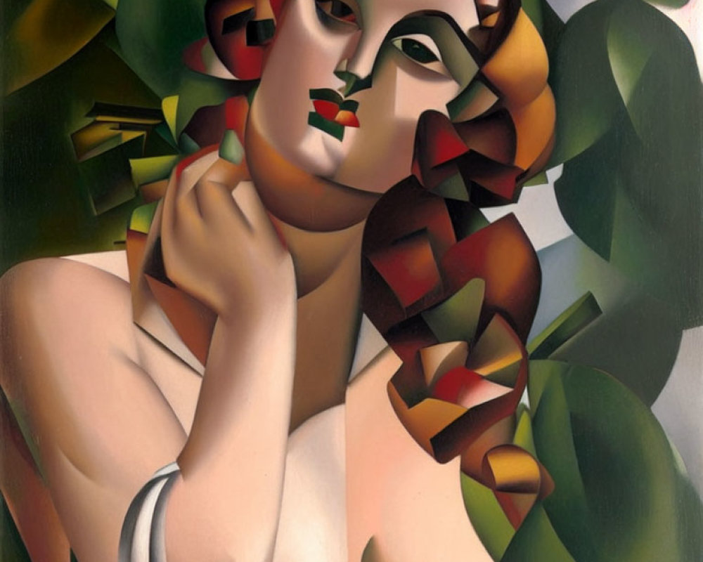 Cubist-style Woman Painting in Greens, Whites, and Browns