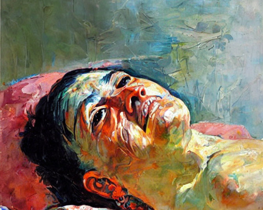 Vivid expressionist painting of reclining figure with warm and cool tones