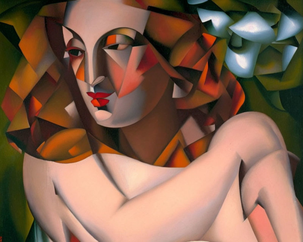 Geometric Cubist-style Woman Painting with Warm and Cool Tones