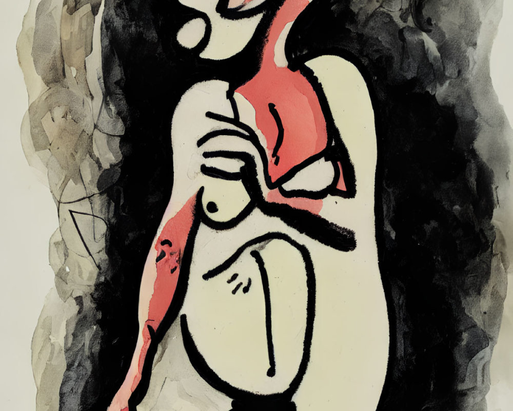 Monochromatic abstract painting of stylized female figure with red accents