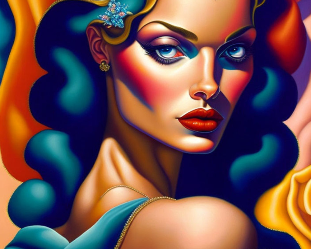 Illustration of Woman with Blue Eyes, Red Lips, Multicolored Hair & Jewelry