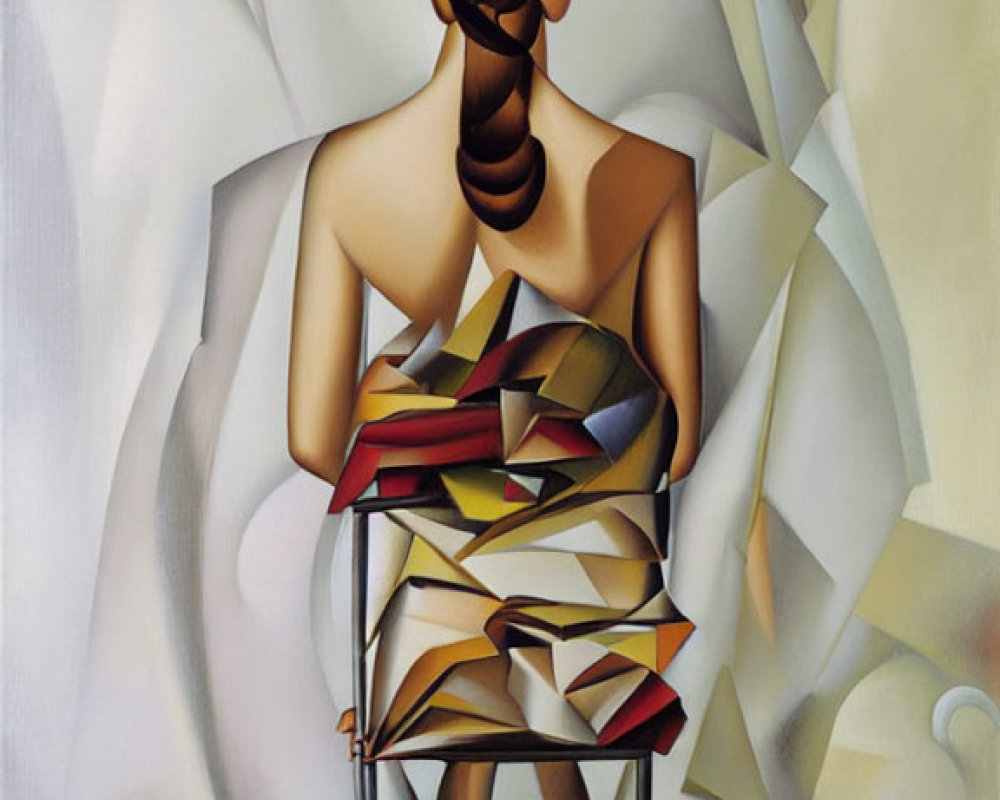 Surrealist painting of woman with braided updo holding cubist book