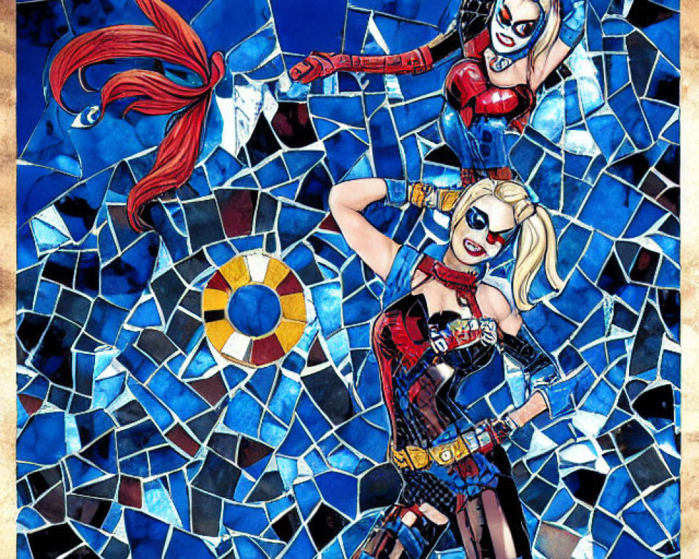 Vibrant Costumed Animated Female Characters Among Shattered Blue Mosaic Pieces