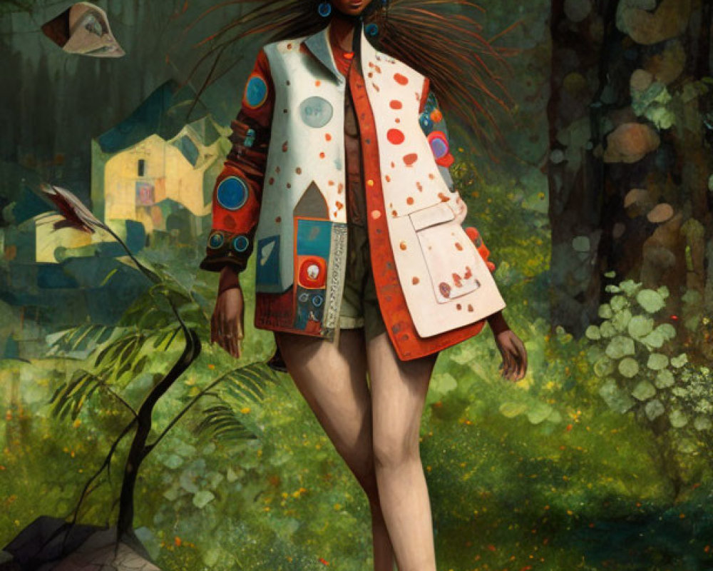 Illustrated woman in whimsical forest with colorful jacket and enigmatic pose surrounded by floating specks and