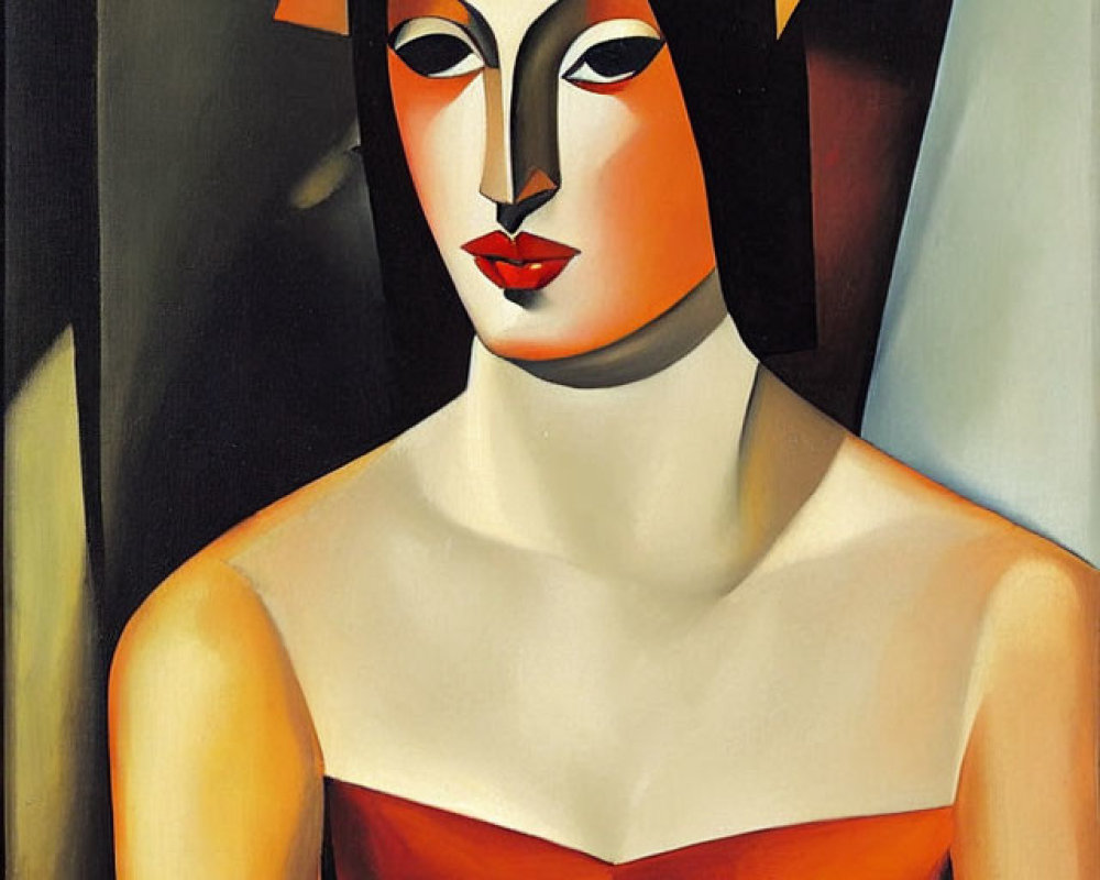 Geometric Cubist-inspired female portrait with red lips and color-blocked gown