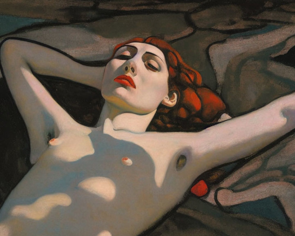 Reclining Figure with Red Hair in Rocky Landscape