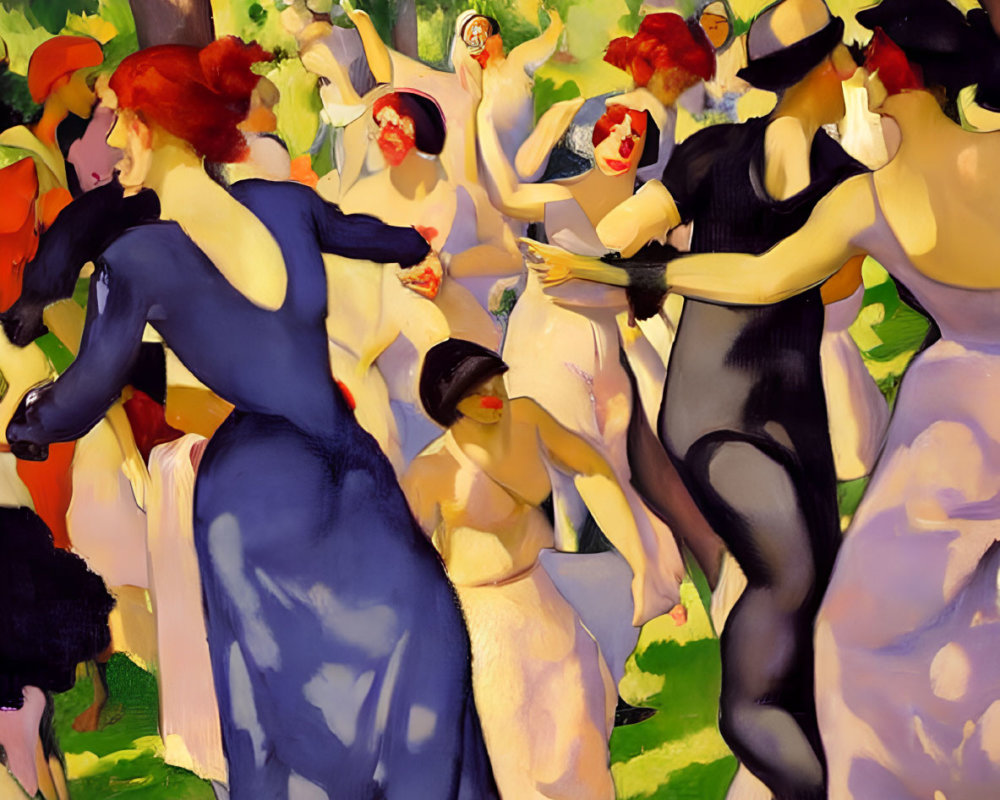 Impressionist-style painting of lively dancers in a sunlit park