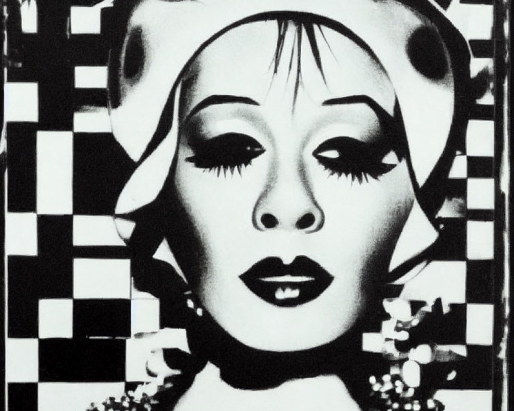 Monochrome stylized image of woman's face with bold makeup and patterns