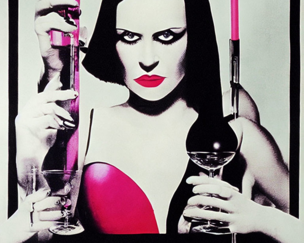 Stylized poster of woman with dark hair and red lipstick holding pink liquid in glassware on black