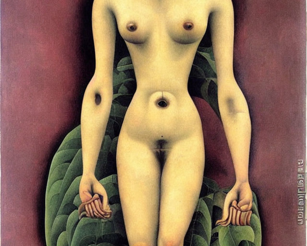 Surreal painting of naked female figure on green foliage