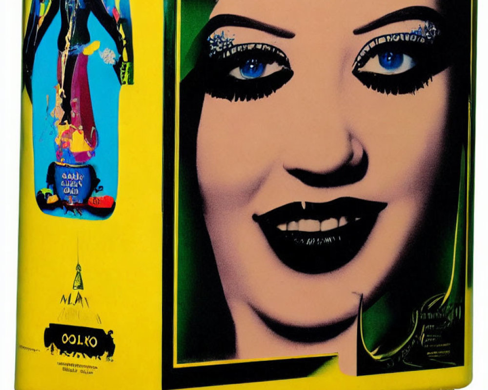 Yellow Vintage Arcade Machine Side Art: Stylized Woman's Face with Blue Eye Makeup