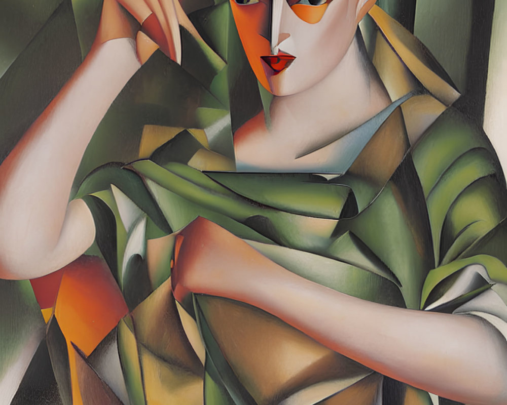 Cubist-style painting of stylized female figure with geometric shapes