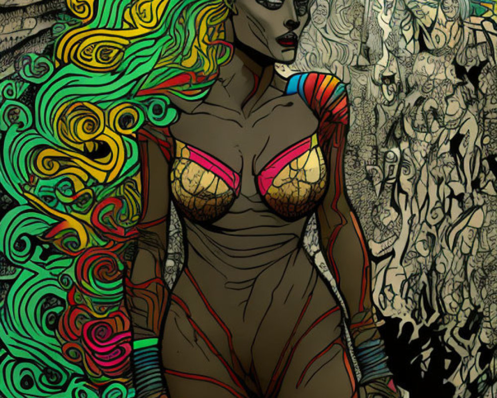 Colorful Comic Book Illustration of Striking Female Superhero