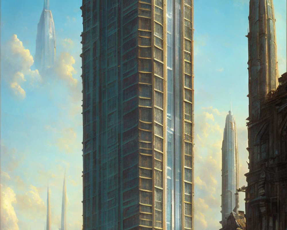 Futuristic skyscrapers blend classical design under sunlight