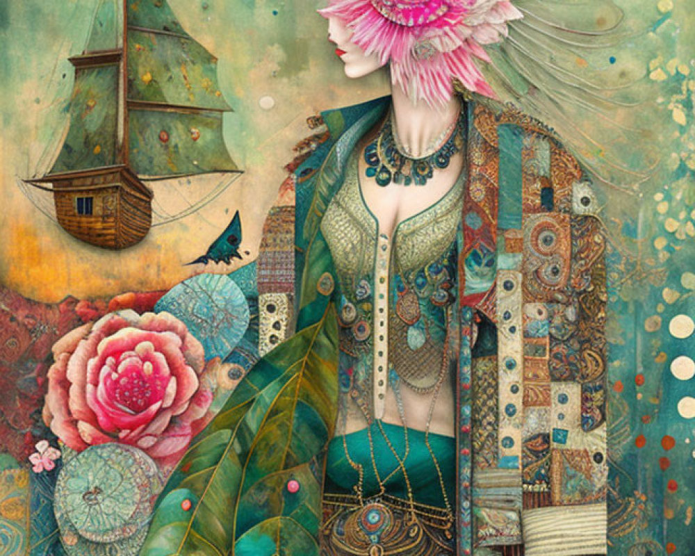 Ethereal artwork features woman with flower face in ornate attire, fantasy backdrop.