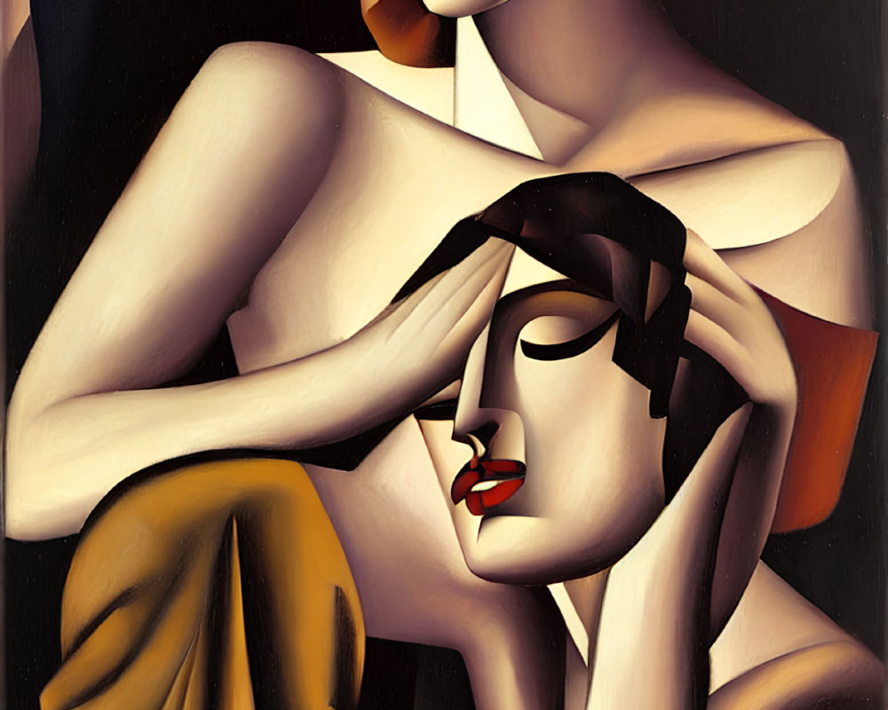 Art Deco Style Painting: Stylized Female Figures, Elongated Forms, Dark Palette