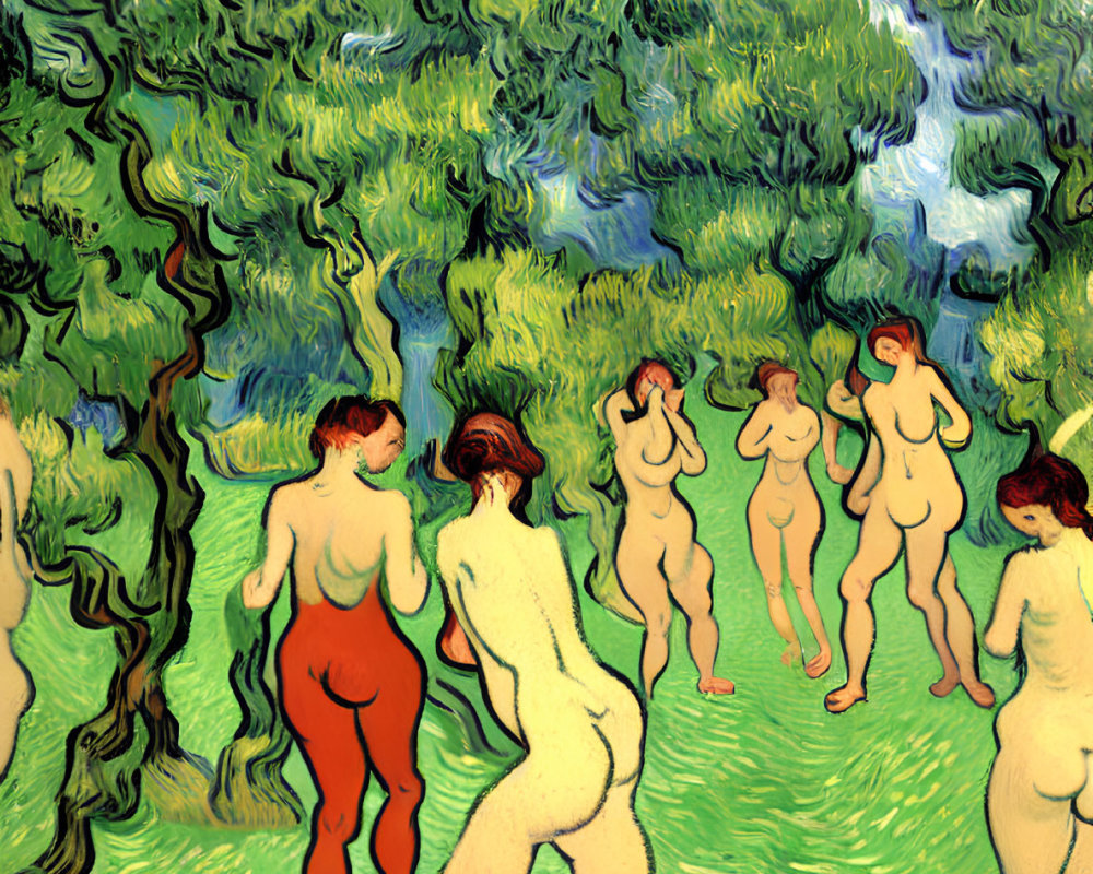 Colorful painting of nude figures in grassy landscape with swirling skies and green trees