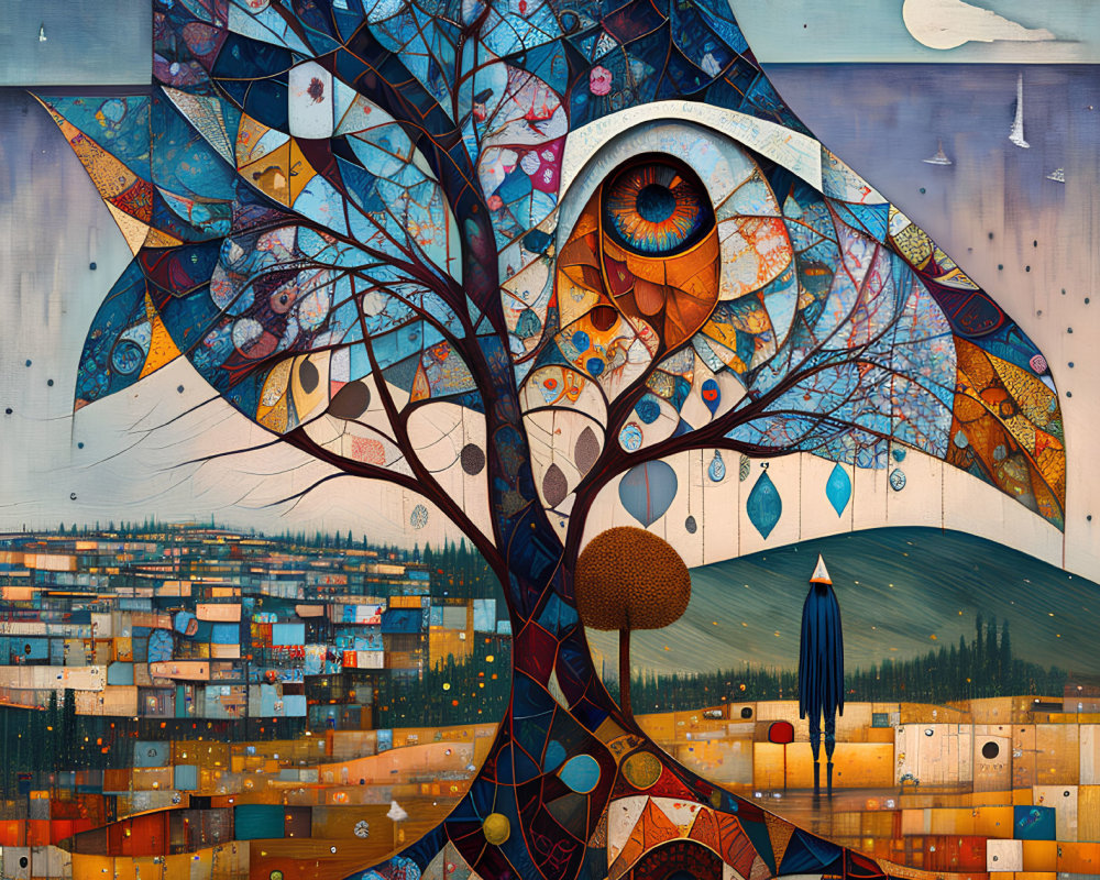 Vibrant surrealistic tree with eye, patterns, and geometric landscape