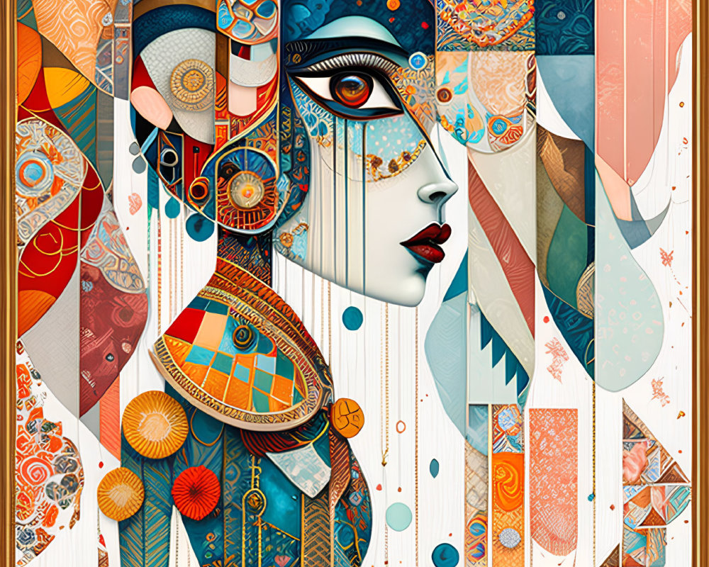 Geometric mosaic art of a woman's face with colorful patterns