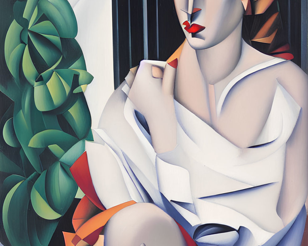 Cubist-style painting of seated woman in white garment beside green plant