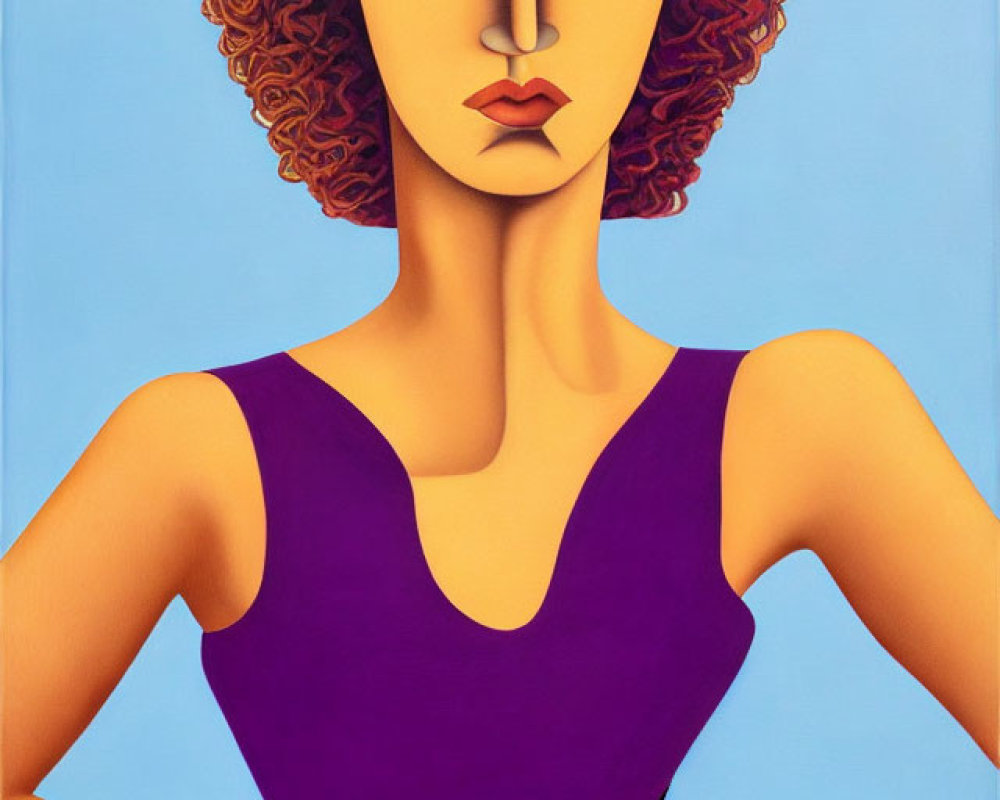 Person with Prominent Eyes and Curly Hair in Sleeveless Purple Dress on Blue Background