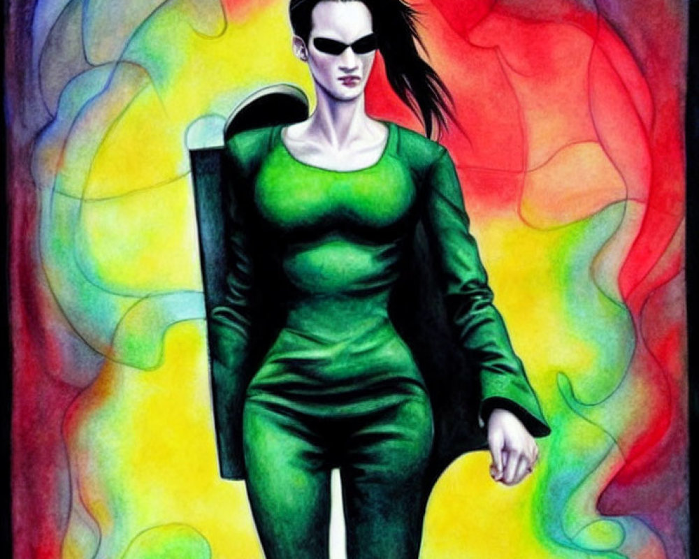 Colorful Illustration of Female Figure in Green Attire on Swirling Background