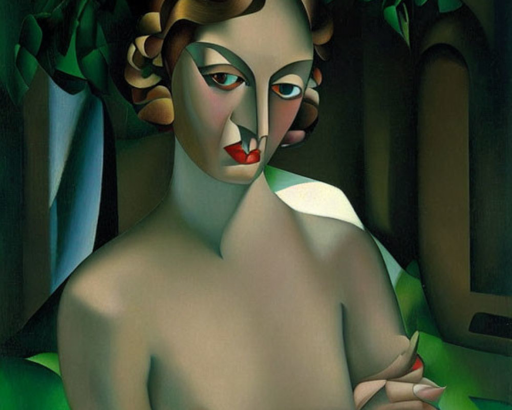 Cubist-style painting of woman with multicolored face and green foliage background