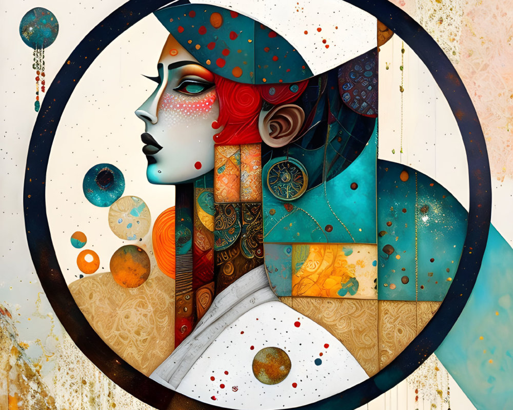 Colorful Stylized Woman Profile in Circular Frame with Abstract Patterns and Celestial Motifs