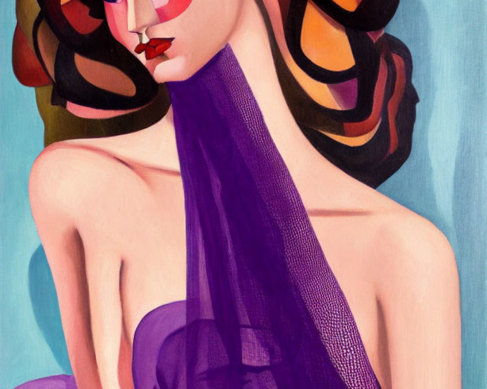 Stylized woman with multicolored hair and purple fabric