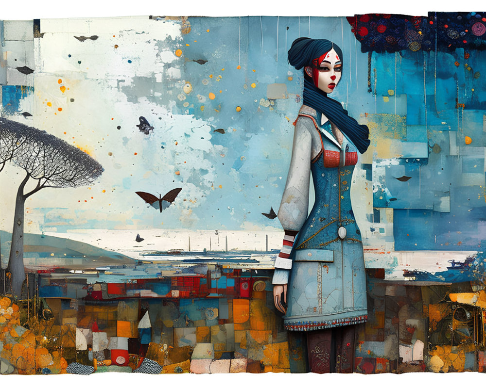 Stylized illustration of woman in blue coat with abstract backdrop