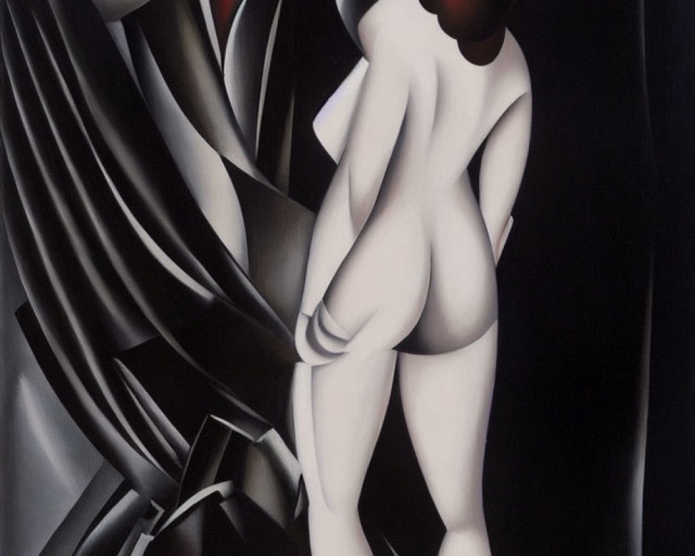 Stylized painting of nude female figure with distorted mirror and abstract dark shapes