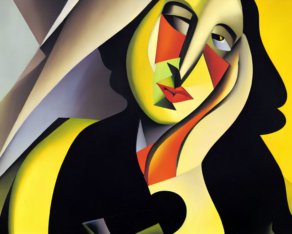 Cubist-style Abstract Painting of Woman with Geometric Shapes