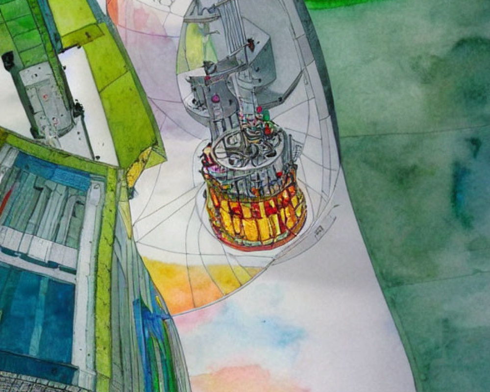 Detailed Watercolor Painting of Spacecraft Cross-Section