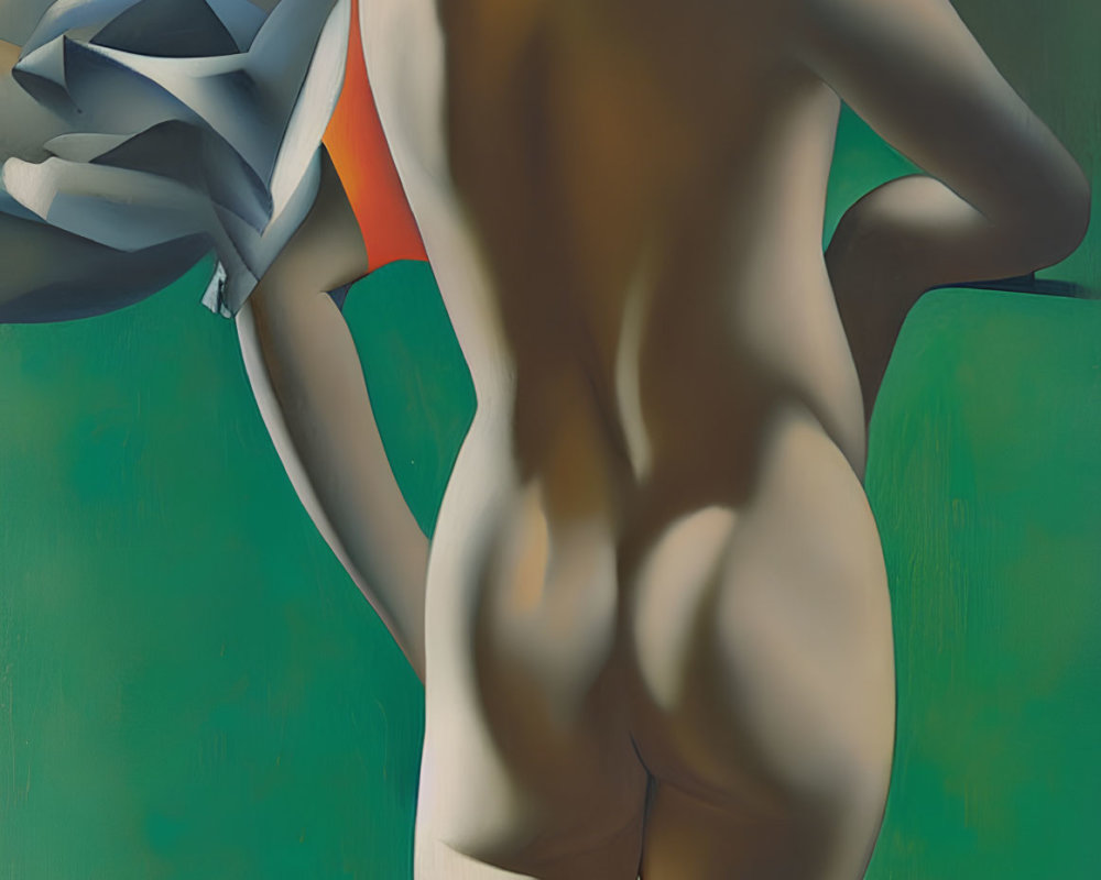 Stylized nude figure with draped fabric and abstract background