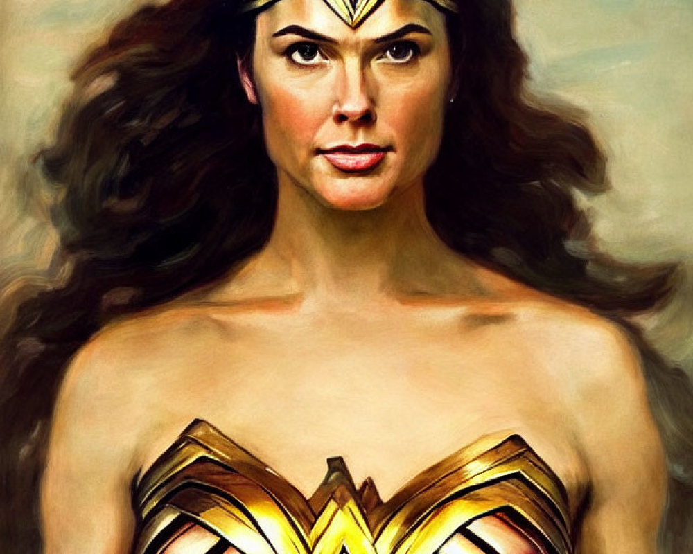 Portrait of Woman in Superhero Costume with Tiara and Armor