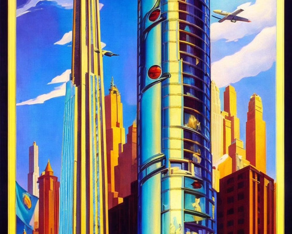 Colorful retro-futuristic poster with skyscraper, road, cars, and airplane against blue sky