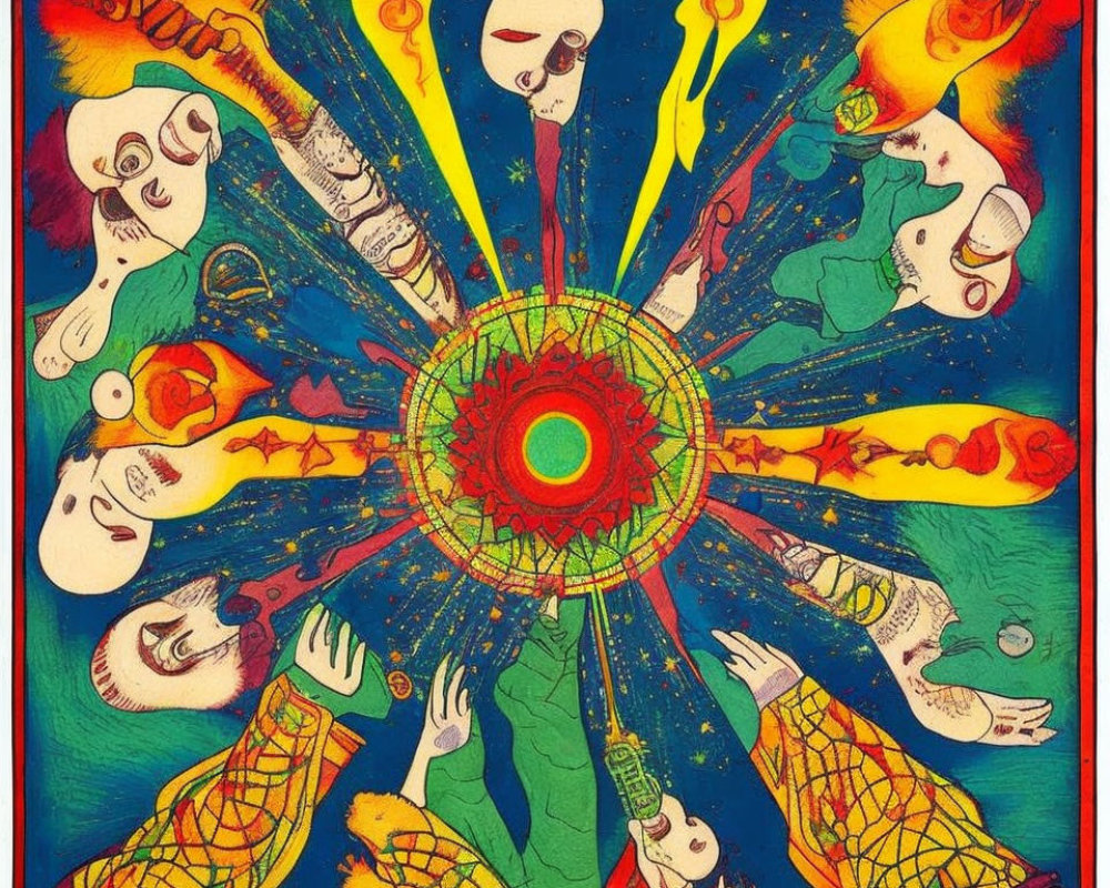 Vibrant Psychedelic Poster with Abstract Human-like Figures and Radiant Mandala Design