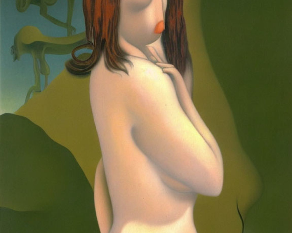 Surreal painting of nude female with featureless face and shadowy horse against green backdrop